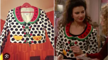 Moschino Cheap & Chic Vintage Fruit Polka Dot Jacket worn by Fran Fine (Fran Drescher) in The Nanny (S01E01)