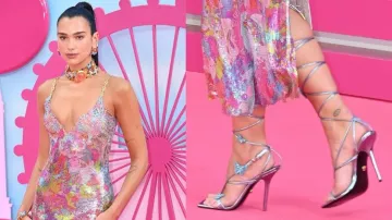 Versace x Dua Lipa Crystal blue Butterflies 115mm metallic sandals worn by (Dua Lipa) at the Barbie premiere 2023