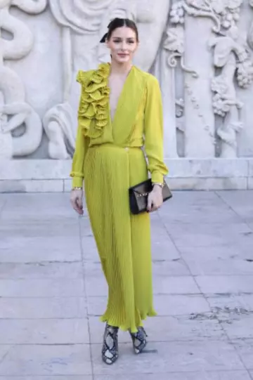 Elie Saab Plunged Plissé Chiffon Top worn by Olivia Palermo at Elie Saab Fashion Show on March 8, 2025