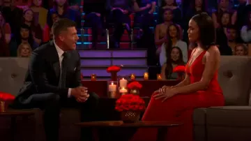 Deme By Gabriella Savannah Maroon Ruched Gown worn by Zoe McGrady as seen in The Bachelor (S29E09)