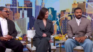 Louis Vuitton Damier Wool-Silk Jacquard Double-Breasted Jacket worn by Michael B. Jordan as seen in Good Morning America on  April 2, 2025