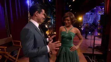 Unique Vintage Emerald Satin & Chiffon Dovima Ballerina Swing Dress worn by Marty Maraschino (Keke Palmer) in Grease Live