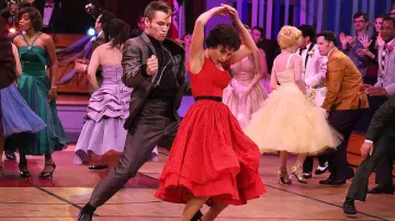 Unique Vintage Red & Black Polka Dot Barcelona Chiffon Swing Dress worn by Betty Rizzo (Vanessa Hudgens) in Grease Live