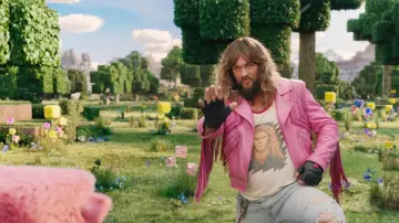 Pink Fringe Leather Jacket of Garrett (Jason Momoa) in A Minecraft Movie