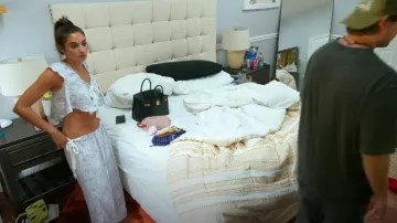 Urban Outfitters White Blue Printed Tie-Front Pajamas worn by Paige DeSorbo as seen in Summer House (S09E08)