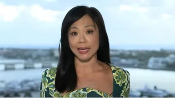 Robe Alexia Admor Freya en Emerald Multi portée par Weijia Jiang comme on le voit dans CBS Mornings le 4 avril 2025