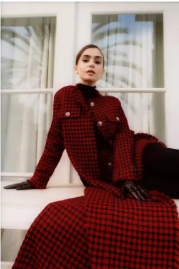 Versace Tweed Long Cardigan Coat worn by Lily Collins  at Instyle posy on September 2024
