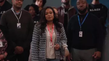 Aqua Tweed Fringe Jacket worn by Crystal (Tatyana Ali) as seen in Abbott Elementary (S04E21)