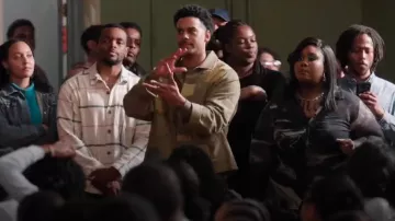Story mfg. Sot Patchwork Jacket worn by Tariq (Zack Fox) as seen in Abbott Elementary (S04E21)