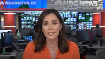 T Tahari Split Neck Long Sleeve Shirt worn by Hallie Jackson as seen in Today on April 10, 2025