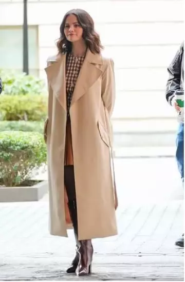 Alice + Olivia Sullivan Vegan Leather Trench Coat worn by Selena Gomez at Only Murders in the Building Set post on April 10, 2025