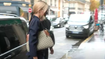 Gucci Gg Emblem Medium Leather-Trimmed Printed Coated-Canvas Shoulder Bag worn by Kendall Jenner as seen in The Kardashians (S06E10)