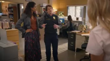 Club Monaco Floral Angle Pleated Skirt worn by Emily Price (Vella Lovell) as seen in Animal Control (S03E02)