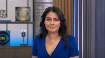 Black Halo Portia Dress in Cobalt worn by Celine Gounder as seen in CBS Mornings on April 16, 2025