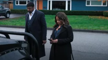 Theory Oaklane Trench worn by Marisa Clark (Maahra Hill) as seen in The Irrational (S02E18)