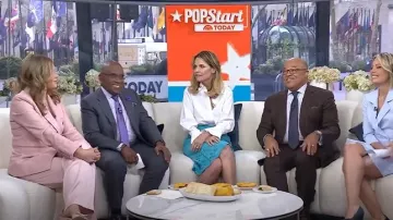 Pantalón de pierna ancha Veronica Beard Ronin usado por Jenna Bush Hager visto en Today el 16 de abril de 2025