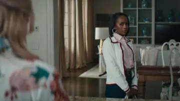 Aqua Collared Contrast Piping Cardigan worn by Catherine (Aja Naomi King) as seen in Grosse Pointe Garden Society (S01E09)