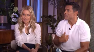 Celine Romy Shirt in Striped Silk worn by Kelly Ripa as seen in LIVE with Kelly and Mark on April 18, 2025