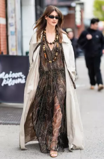 Saint Laurent Lavalliere Dress in Lurex Paisley Silk Crepon worn by Daisy Edgar-Jones in New York City on April 16, 2025