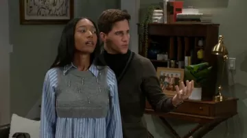 Maeve at Anthropologie Embellished Crop Vest & Buttondown Twofer Top worn by Samantha Richardson (Najah Jackson) as seen in Beyond the Gates (S01E35)