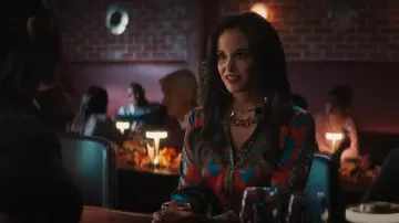 Chelsea & Violet Cora Satin Ikat Print Pointed Collar Blouse worn by Birdie (Melissa Fumero) as seen in Grosse Pointe Garden Society (S01E10)