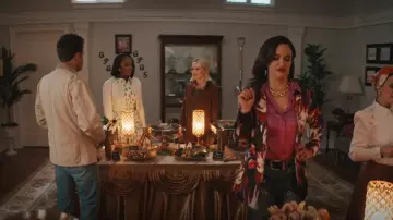 INC International Concepts Printed Satin Blazer worn by Birdie (Melissa Fumero) as seen in Grosse Pointe Garden Society (S01E10)