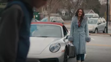 Akira Kaya Fur Trim Trench In Denim worn by Birdie (Melissa Fumero) as seen in Grosse Pointe Garden Society (S01E10)