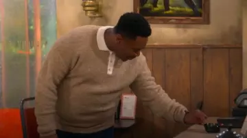 Asos Design Textured Knit Relaxed Rugby Polo Sweater In Stone Brown worn by Marty Butler (Marcel Spears) as seen in The Neighborhood (S07E18)