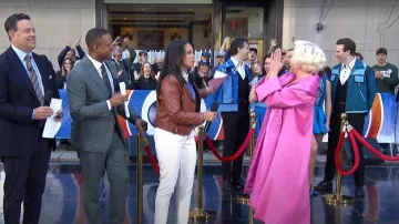 Acne Studios Mock Leather Moto Jacket worn by Laura Jarrett as seen in Today on April 28, 2025