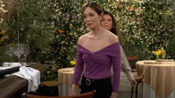 Steve Madden Off the Shoulder Twist Front Long Sleeve Bodysuit in Violet worn by Penelope Poppy Nozawa (Romy Park) as seen in The Bold and the Beautiful on April 14, 2025