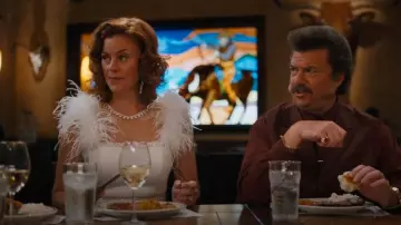 Mac Duggal Women's Feather Cap Sleeve Pearl Embellished T-Length Fit Dress worn by Amber Gemstone (Cassidy Freeman) as seen in The Righteous Gemstones (S04E08)