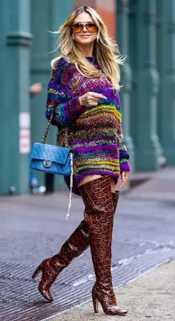Bottega Veneta Canalazzo Croc-Effect Leather Over-the-Knee Boots worn by Heidi Klum in New York City on  April 26, 2025