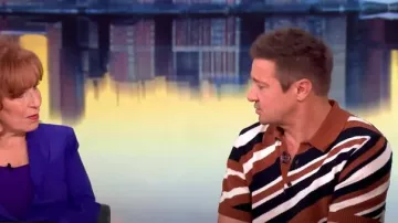 Dolce and Gabbana Diagonal Striped Knit Polo Shirt worn by Jeremy Renner as seen in The View on May 1, 2025