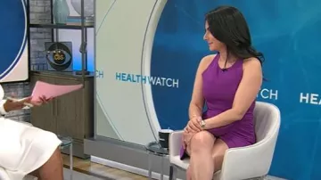 Black Halo Brett Dress in Hyacinth worn by Celine Gounder as seen in CBS Mornings on May 1, 2025