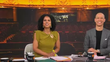 Robe midi sans manches dorée à appliqué vert olive Zara portée par Adriana Diaz telle que vue dans CBS Mornings le 28 avril 2025