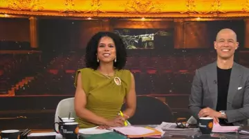 Zara Olive Green Golden Appliqué Sleeveless Midi Dress worn by Adriana Diaz as seen in CBS Mornings on April 28, 2025