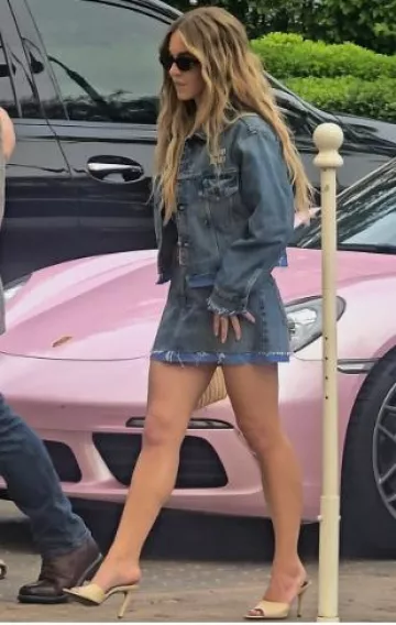 Miu Miu Denim Trucker Jacket worn by Sydney Sweeney at Palm Tree Beach Club post on  May 3, 2025
