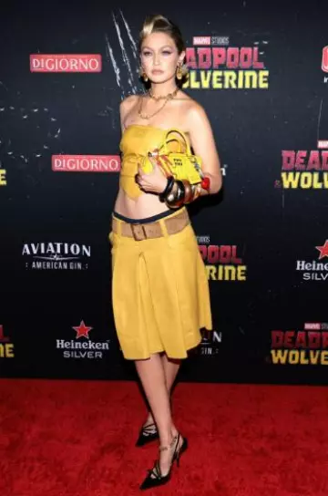 Miu Miu Logo Embroidered Bikini Bottoms worn by Jelena Noura "Gigi" Hadid at Deadpool & Wolverine New York Premiere on July 22, 2024