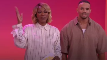 3.1 Phillip Lim Stripe Satin Draped-Sleeve Shirt worn by Yvonne Orji as seen in Pop the Balloon LIVE (S01E03)