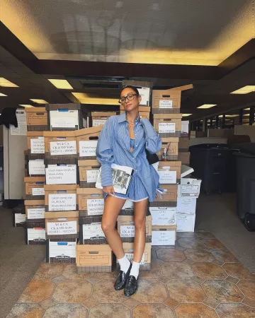 Helsa Pinstripe Poplin House Shorts worn by Shay Mitchell on her Instagram on July 21, 2024