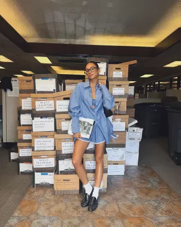 Helsa Pinstripe Poplin House Shorts worn by Shay Mitchell on her Instagram on July 21, 2024