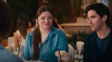 Aqua Satin Rhinestone Shirt worn by Kayla (Megan Stalter) as seen in Hacks (S04E05)