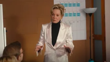 Cinq A Sept Cheyenne Hammered Satin Scrunch Sleeve Jacket worn by Deborah Vance (Jean Smart) as seen in Hacks (S04E05)