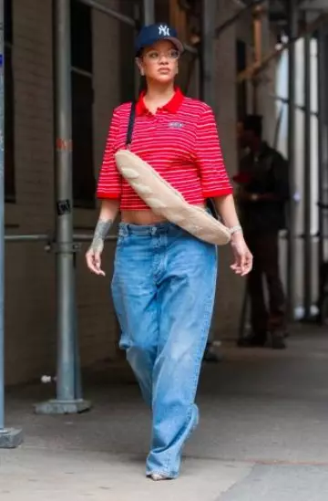 Bottega Veneta High-Rise Straight-Leg Jeans worn by Rihanna in New York City on May 8, 2025