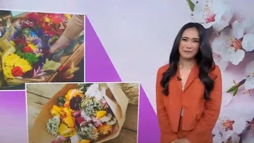 Blazer en lin court Madewell en cuivre foncé porté par Emilie Ikeda comme on le voit dans Today le 8 mai 2025