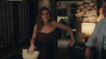 Matteau Gathered Lace Up Dress in Burgundy worn by Mel (Amanda Peet) as seen in Your Friends & Neighbors (S01E06)