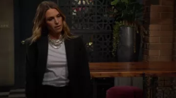 Zadig & Voltaire Valse Raye Elbow Patch Blazer worn by Chloe Mitchell (Elizabeth Hendrickson) as seen in The Young and the Restless on May 9, 2025