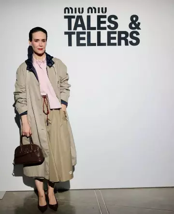 Miu Miu Reversible Single-Breasted Panama Cotton and Technical Ponge Coat worn by Sarah Paulson at Miu Miu Tales & Tellers on May 9, 2025