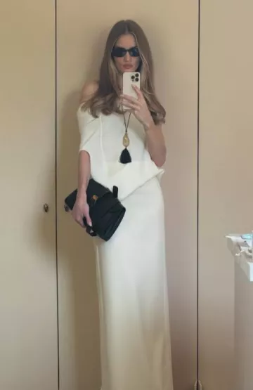 The Row Aria Draped Silk Crepe Top worn by Rosie Huntington-Whiteley on her Instagram Post on May 13, 2025