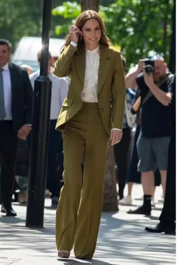 Victoria Beckham Alina Trouser in Willow worn by Kate Middleton at British Design Awards on May 13, 2025
